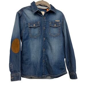 Mayoral Kids Blue Denim Button Down Shirt Elbow Patches Medium Wash Size 5
